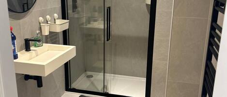 Shower, towels, soap, toilet paper