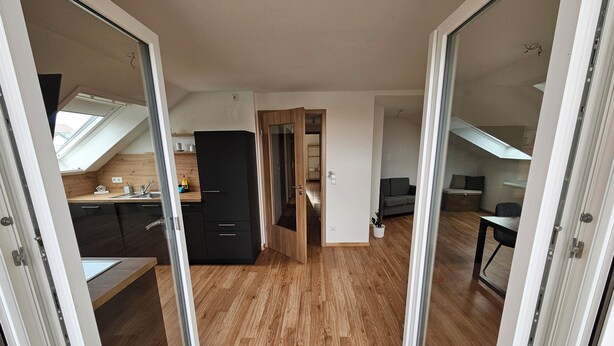 Eine moderne Wohnung mit Küche, Essbereich und Wohnzimmer.