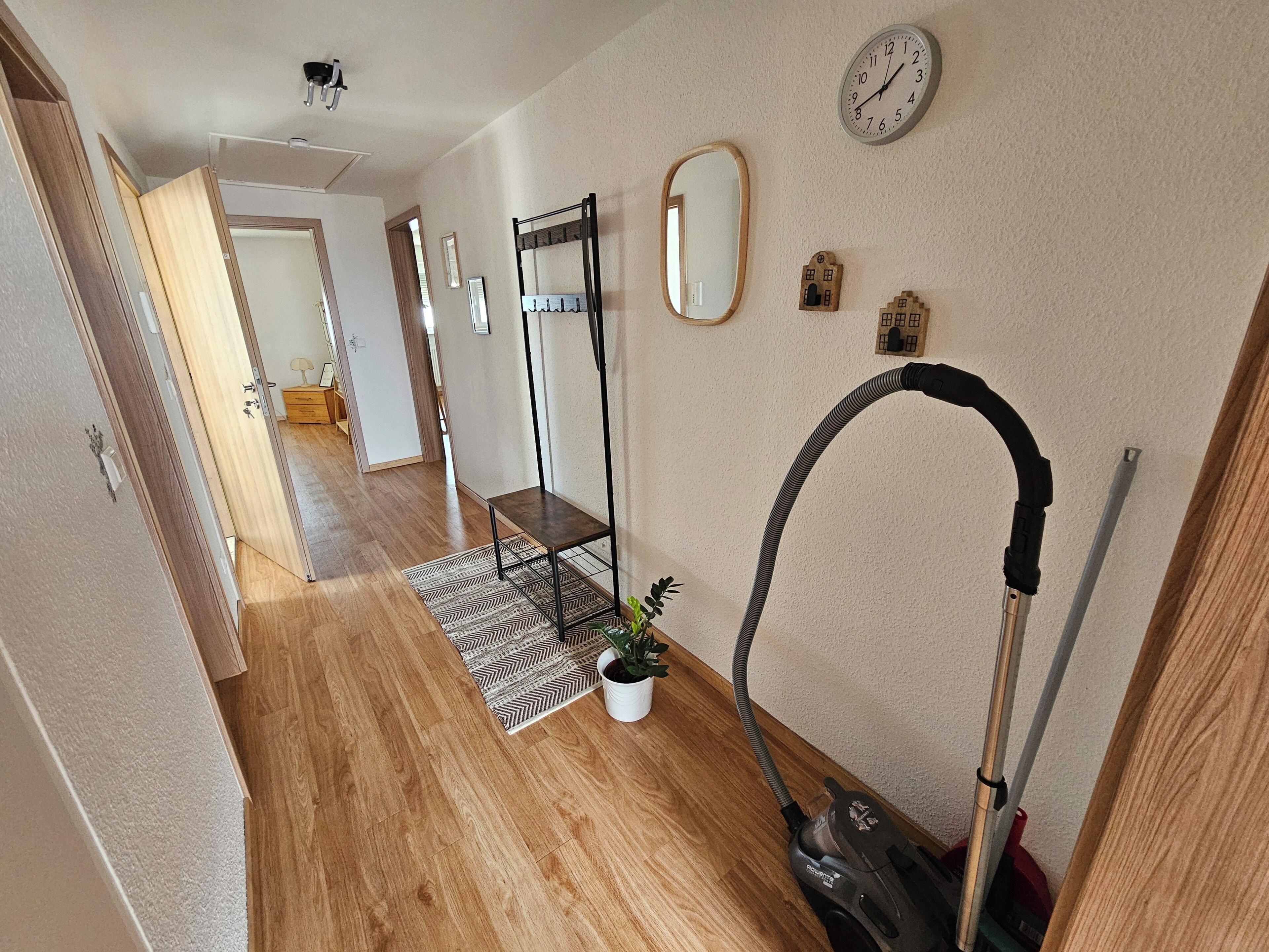 A hallway with a vacuum cleaner, a mirror, a clock, and a small potted plant.