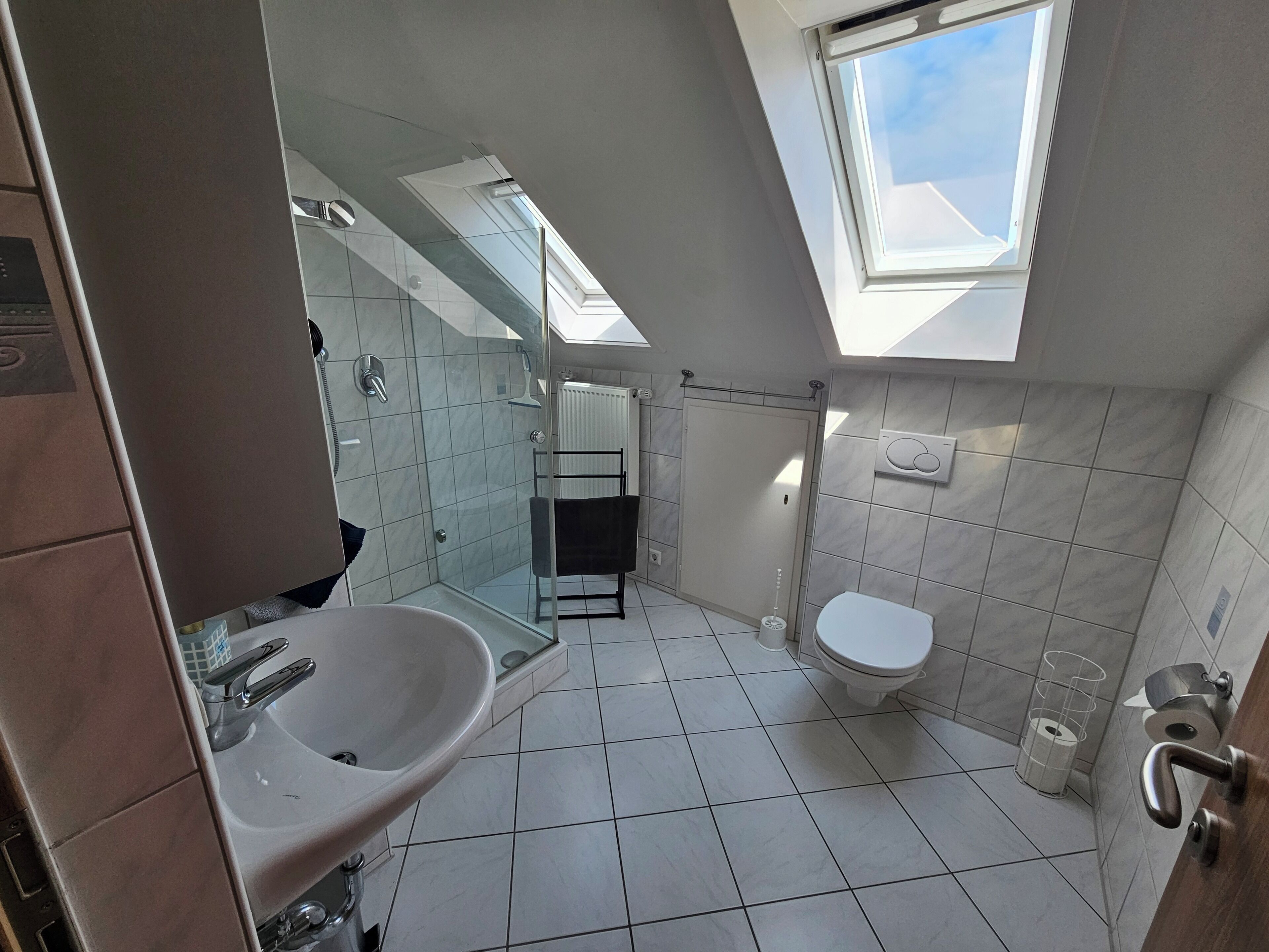 Une salle de bain moderne dotée d’une lucarne, d’une douche à parois de verre, de toilettes et d’un lavabo.