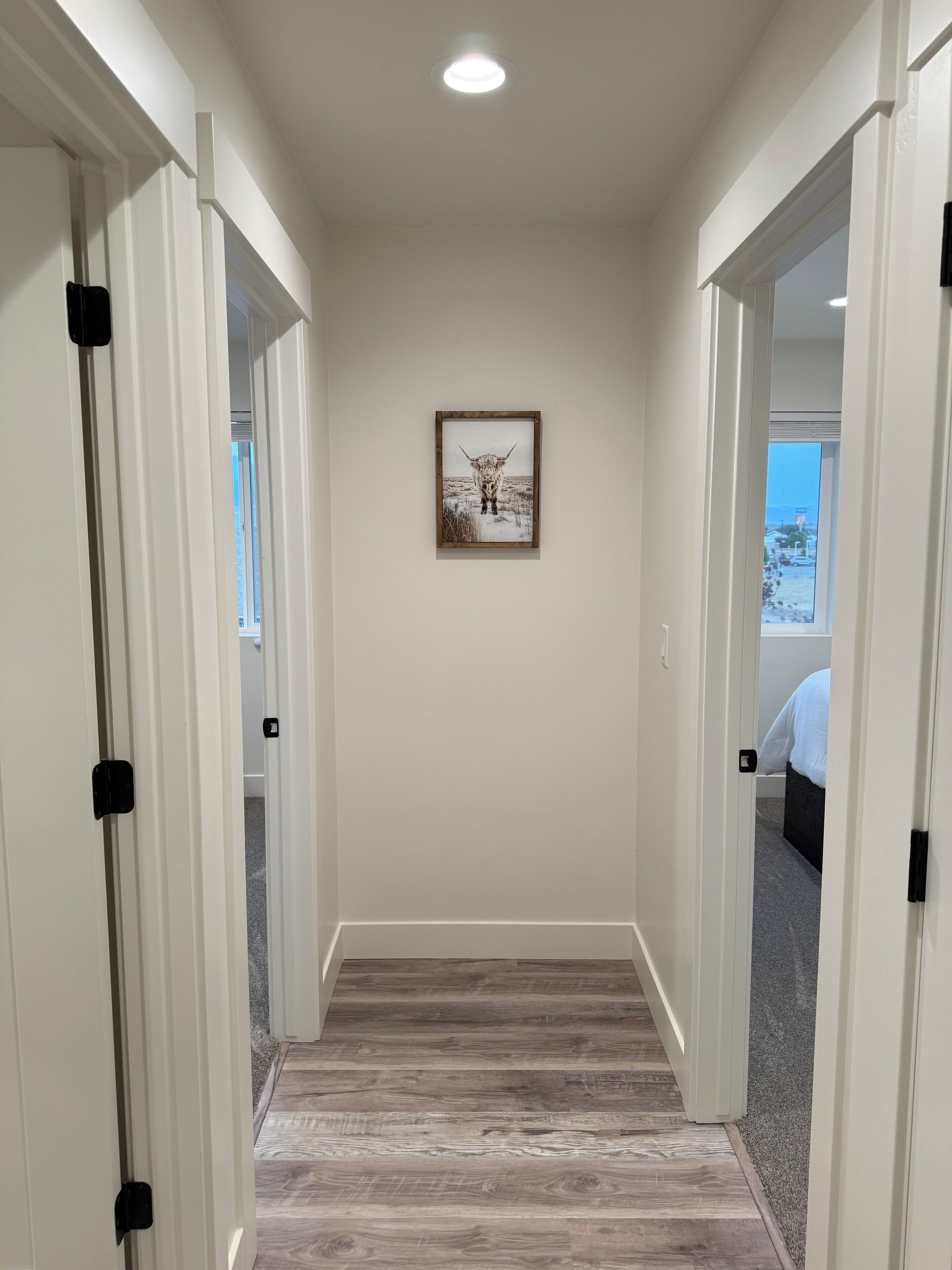 A hallway with wooden flooring, white walls, and a framed picture on the wall.