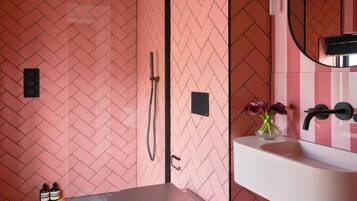 Shower, hair dryer, towels, toilet paper