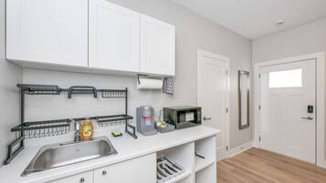 Fridge, microwave, coffee/tea maker, electric kettle