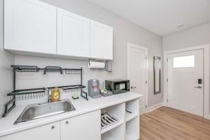 Fridge, microwave, coffee/tea maker, electric kettle