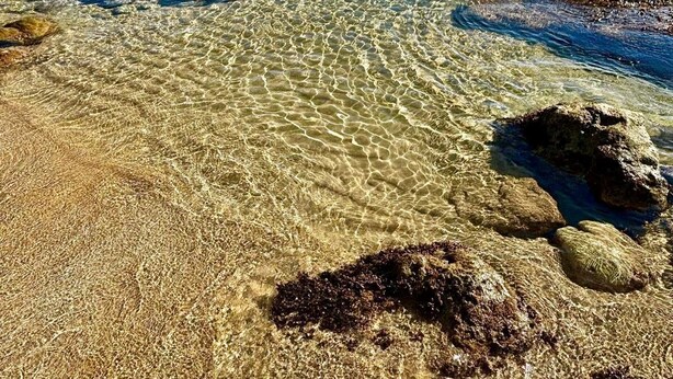 A beach with clear shallow waters, rocks, and a distant shoreline with buildings. - Villa Sable D'or-Avola (Gallina Beach) just 350 meters from the sea(Sicily) (Gallina)