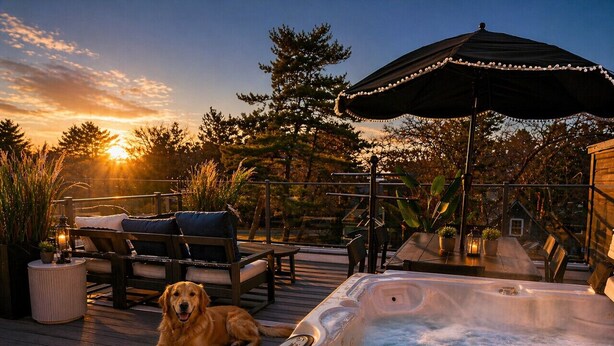 Un jacuzzi en una terraza de madera con un perro acostado a su lado, rodeado de muebles de exterior y un pabellón.