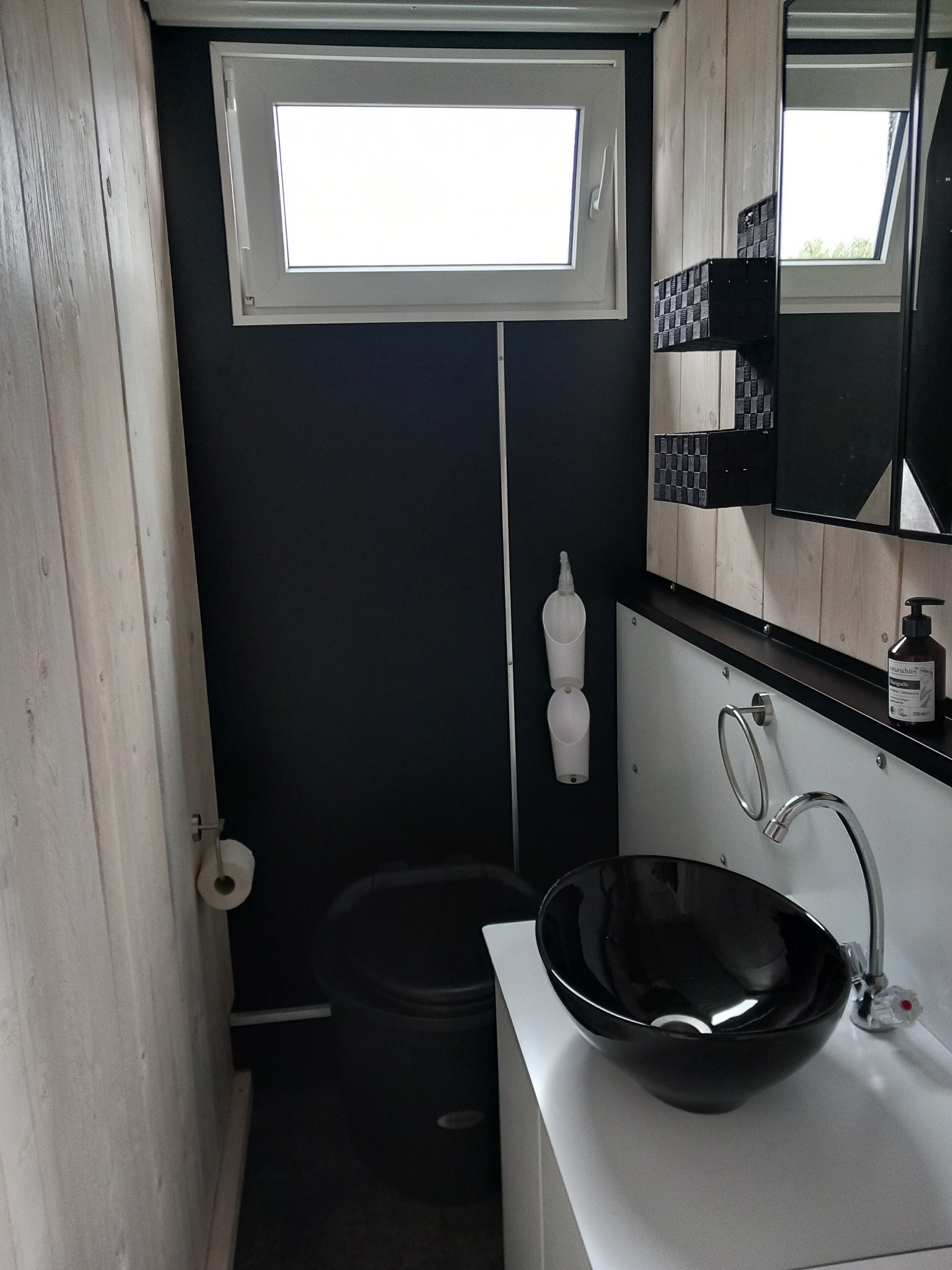 A compact bathroom with a black sink, a mirror, and a small window.