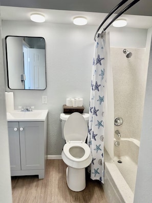 Hair dryer, towels, soap, toilet paper
