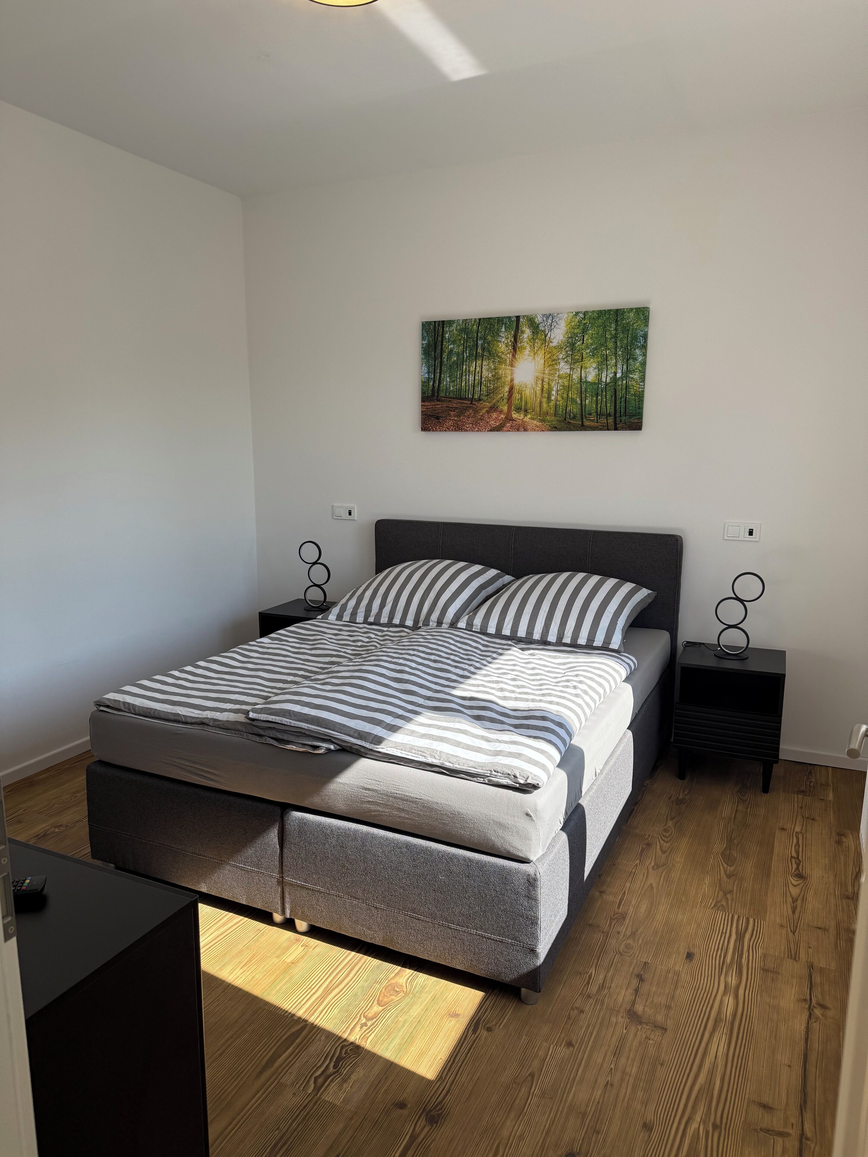 Une chambre à coucher moderne avec un grand lit, une table de chevet, une commode et un tableau accroché au mur.