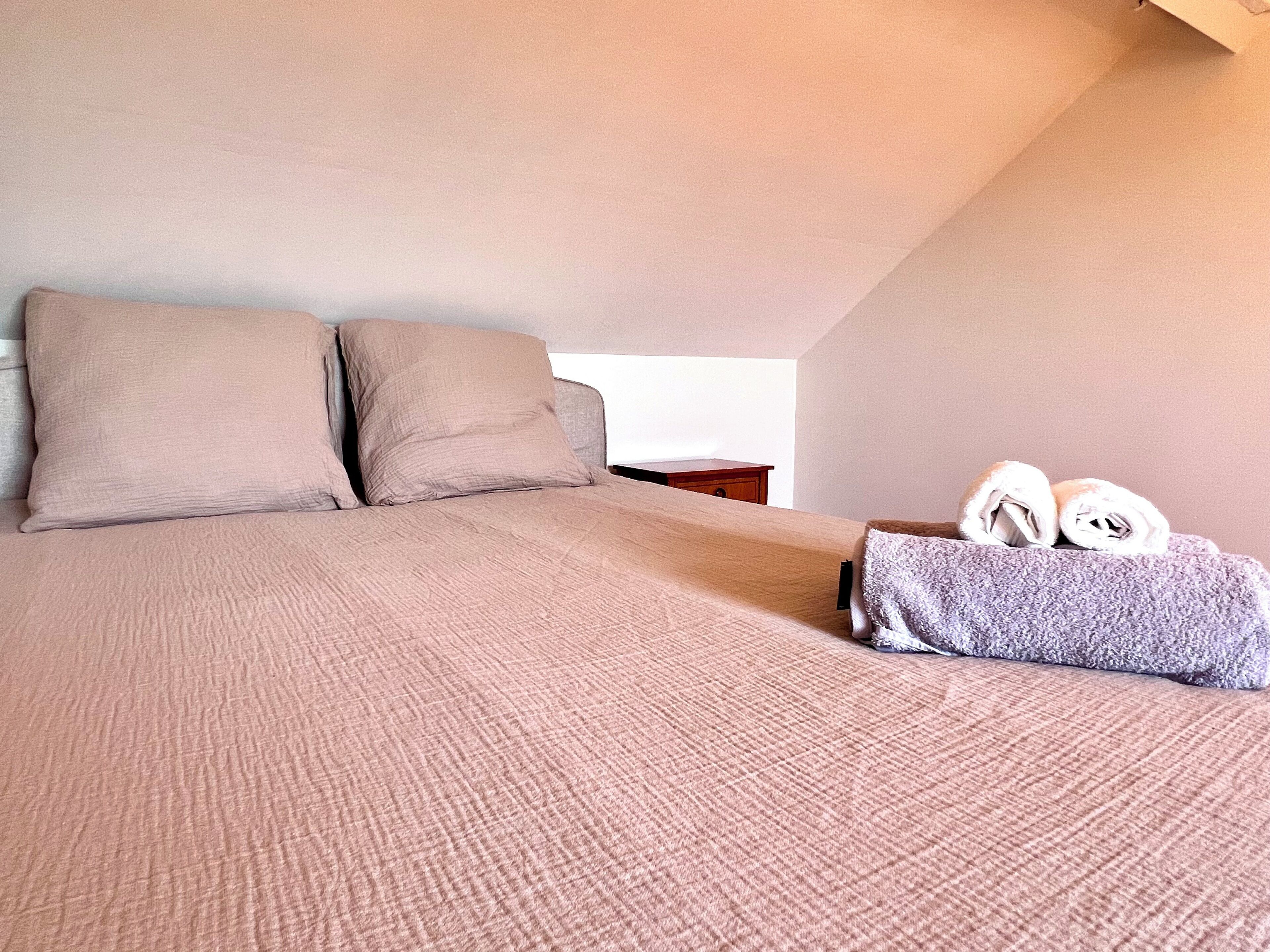 A bedroom with a large bed, two pillows, a nightstand, and a rolled towel on the bed.