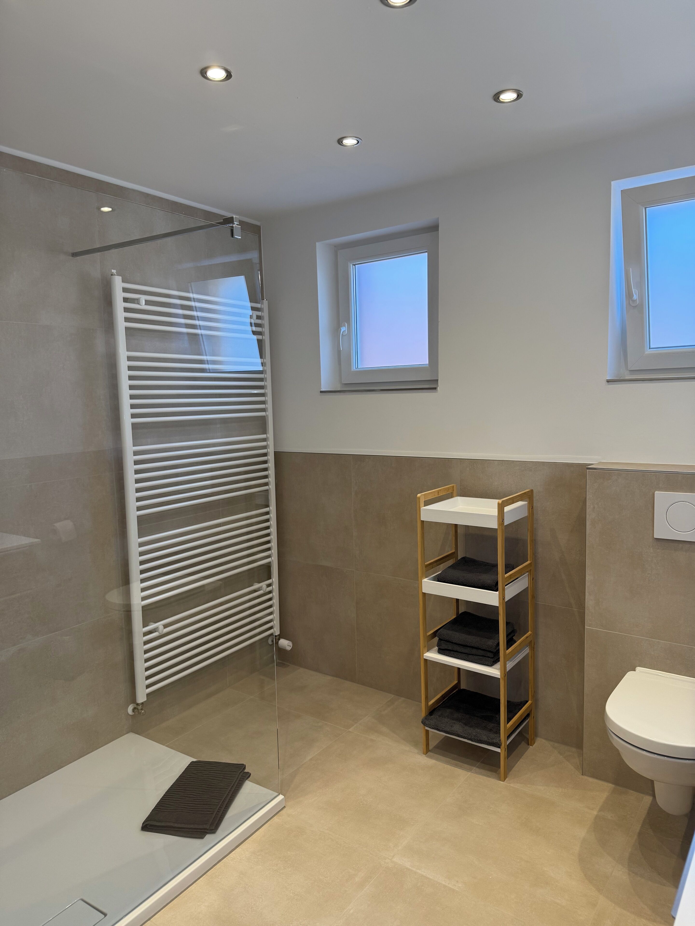 A modern bathroom with a glass shower enclosure, a white toilet, a wooden shelf with towels, and two windows providing natural light.