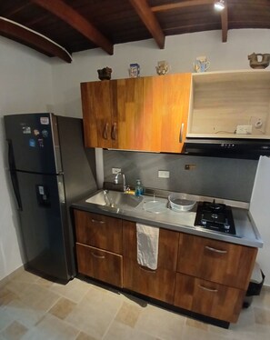 A compact kitchen with wooden cabinets, a stainless steel sink, a gas stove, and a refrigerator.