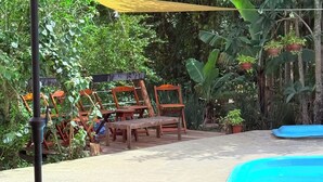 Un espace extérieur aménagé avec des sièges, une piscine, et entouré de verdure et de plantes en pot.