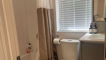 Hair dryer, towels, soap, toilet paper