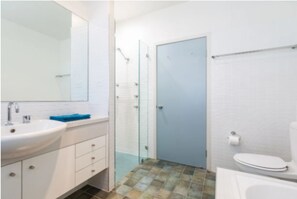 Shower, hair dryer, towels, soap