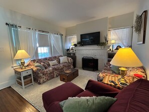 Smart TV, fireplace, table football, books