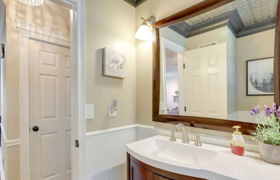 A bathroom with a white sink, a large mirror, and a potted plant.