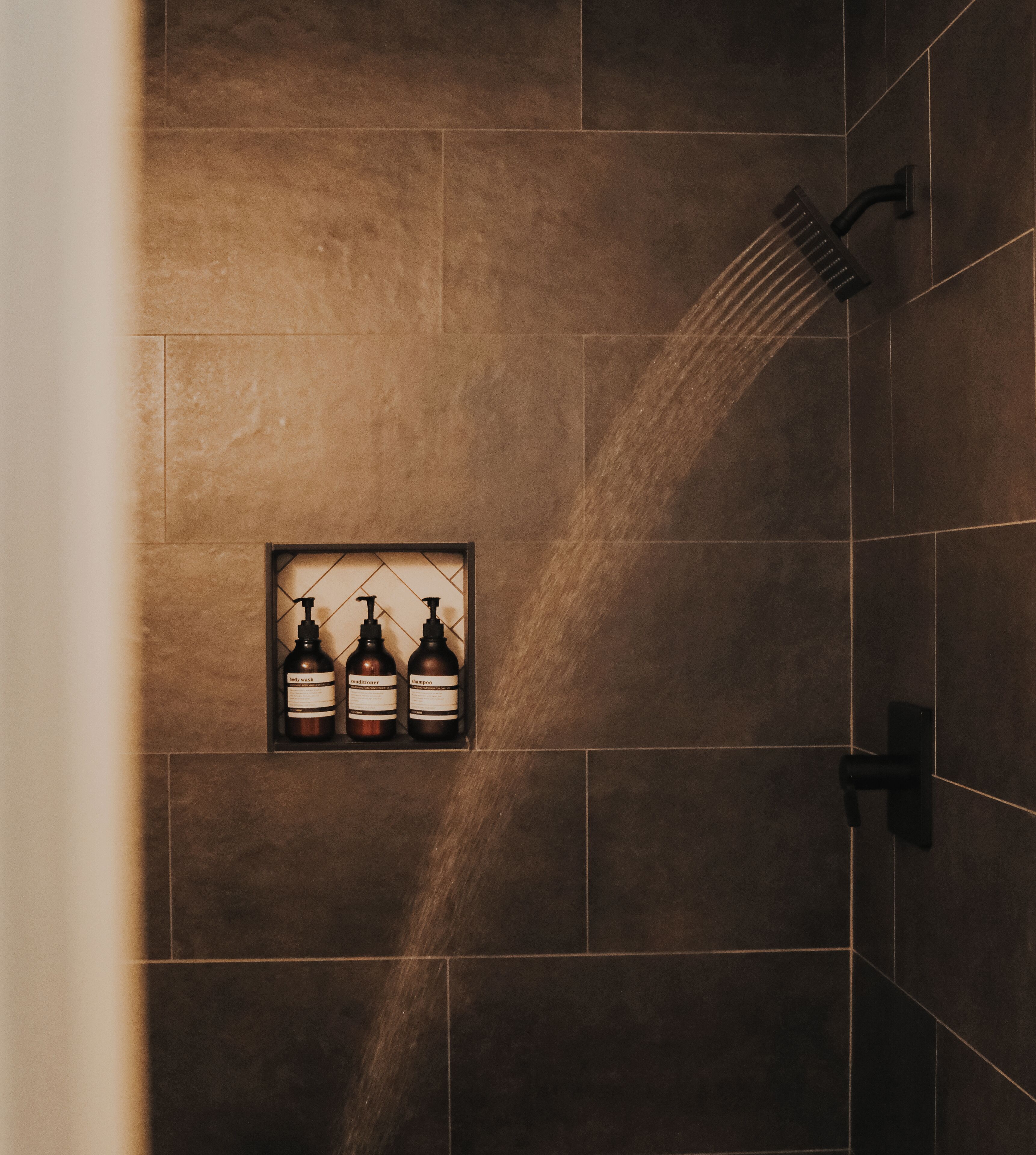 Eine Dusche mit einem an der Wand befestigten Ablage, auf der drei Flaschen Duschgel, Spülung und Shampoo stehen.