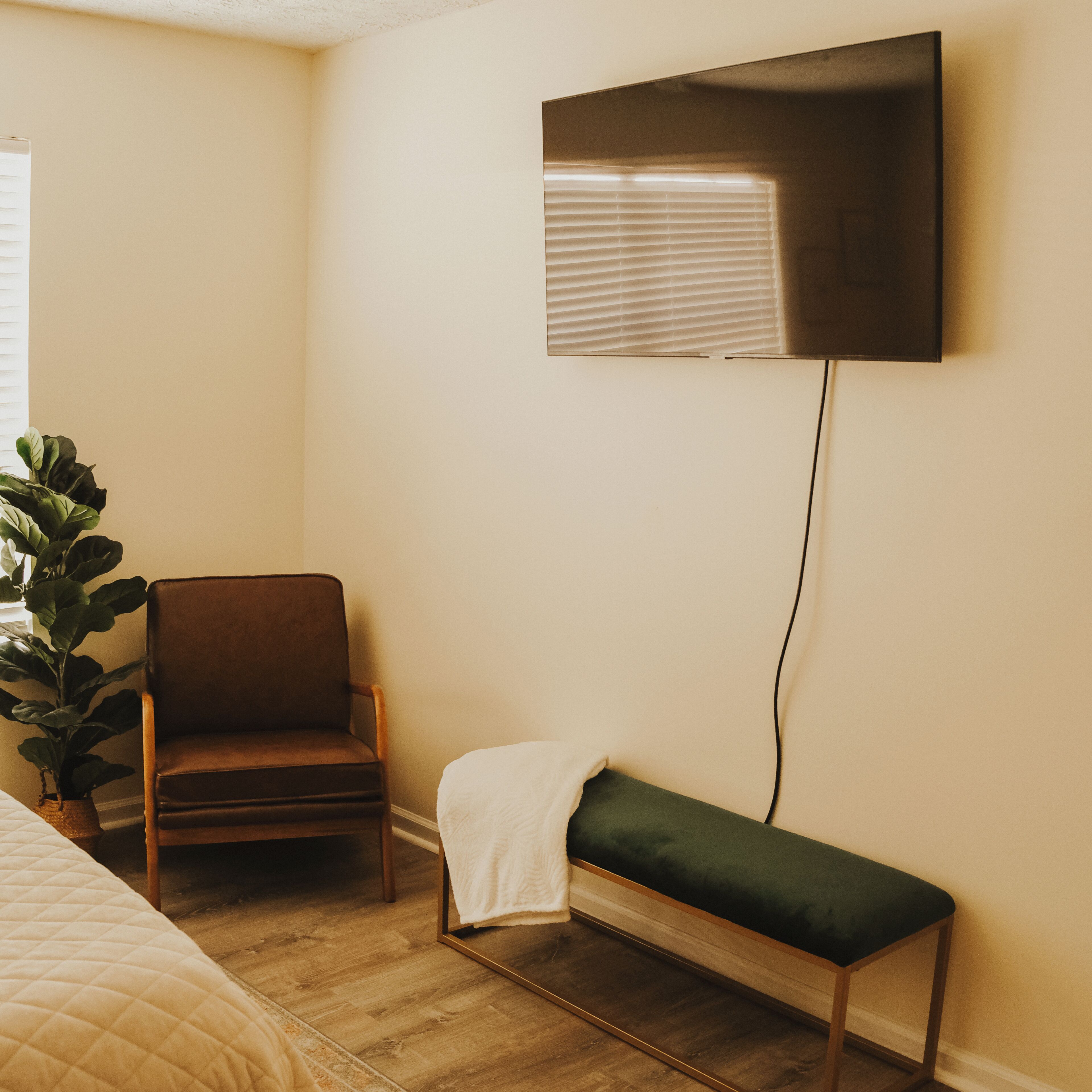 A room with a bed, a chair, a bench, a potted plant, and a TV mounted on the wall.