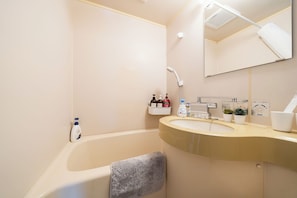 Hair dryer, bidet, towels, soap