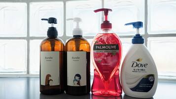 Hair dryer, bidet, towels, soap