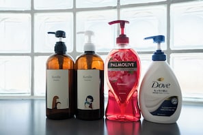 Secadora de cabello, bidet, toallas, jabón