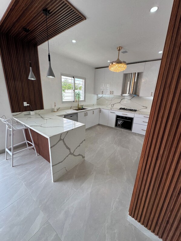 Een microgolfoven, een oven, een kookplaat, een vaatwasser