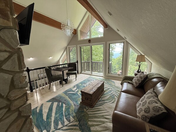 Smart TV, fireplace, ping pong, books
