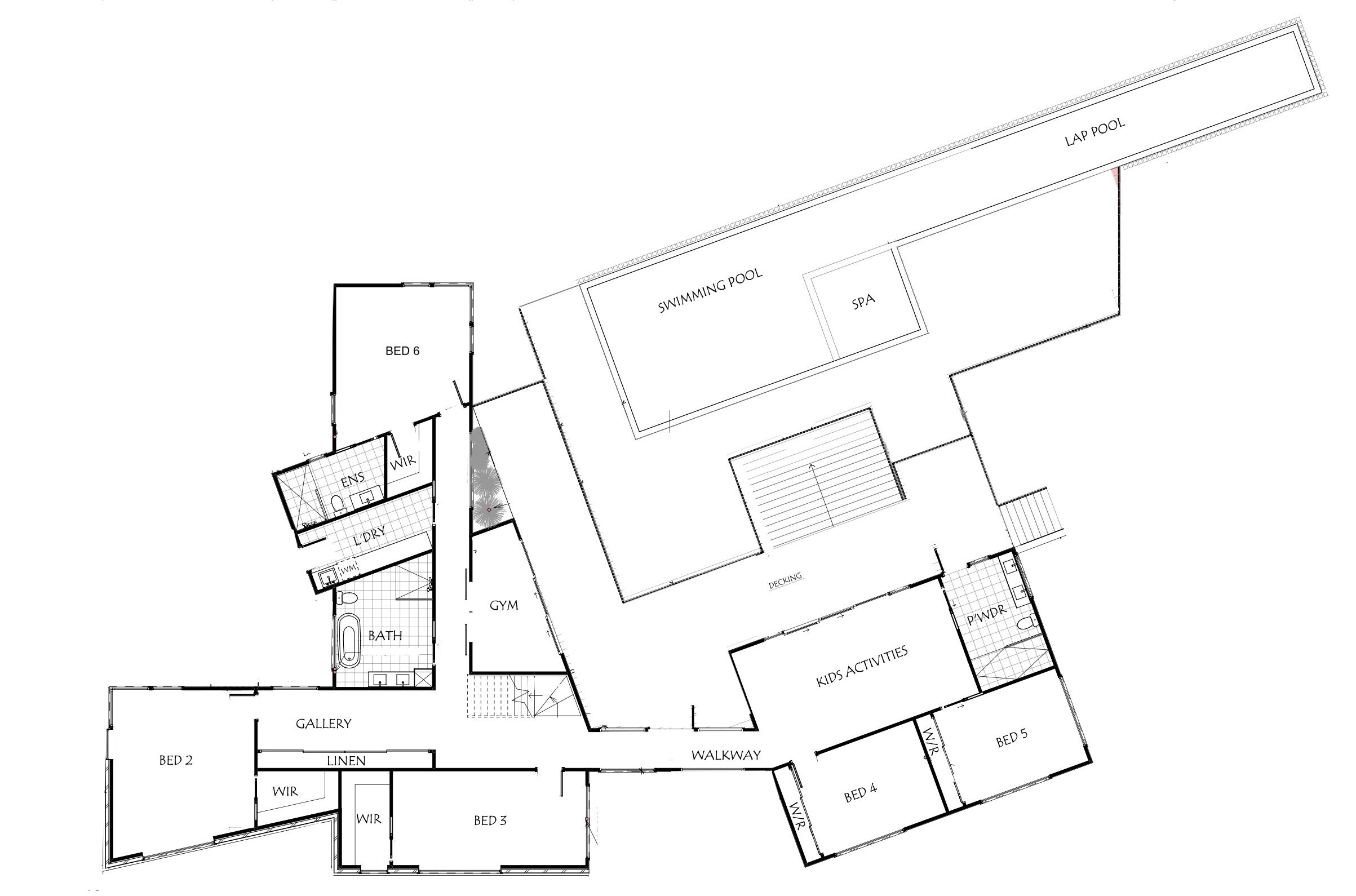 Grundrids med 6 soveværelser, et fitnessrum, et spa, en swimmingpool, et legeområde for børn og et galleri.