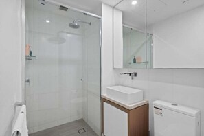 Hair dryer, soap, shampoo, toilet paper