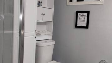 Shower, hair dryer, bidet, towels