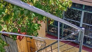 A metal staircase with a handrail leading to a building entrance. - Hostal de Luz (Capilla del Monte)