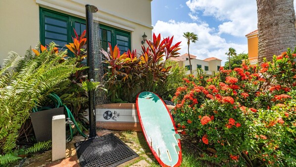 A garden with a surfboard, a water feature, and tropical plants.