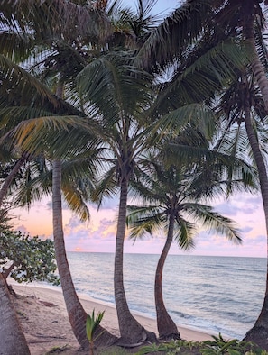 Een strand met palmbomen en een zonsondergang boven de oceaan.