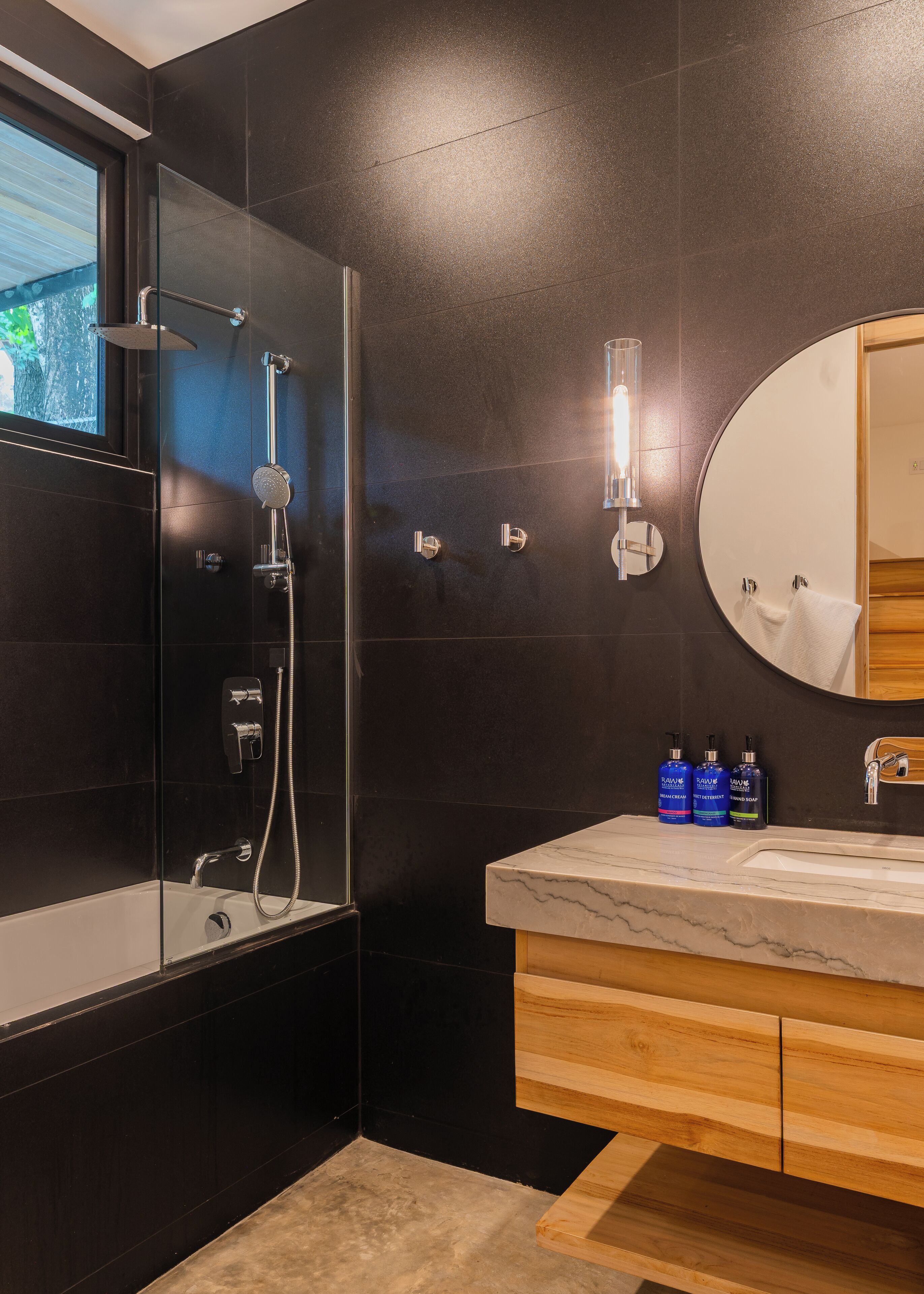 Shower, eco-friendly toiletries, hair dryer, towels