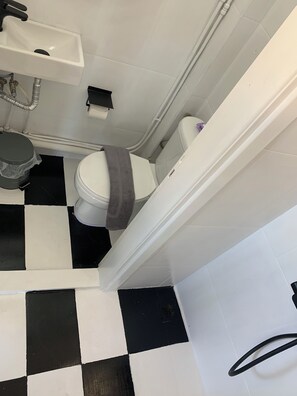 Shower, jetted bath, hair dryer, towels