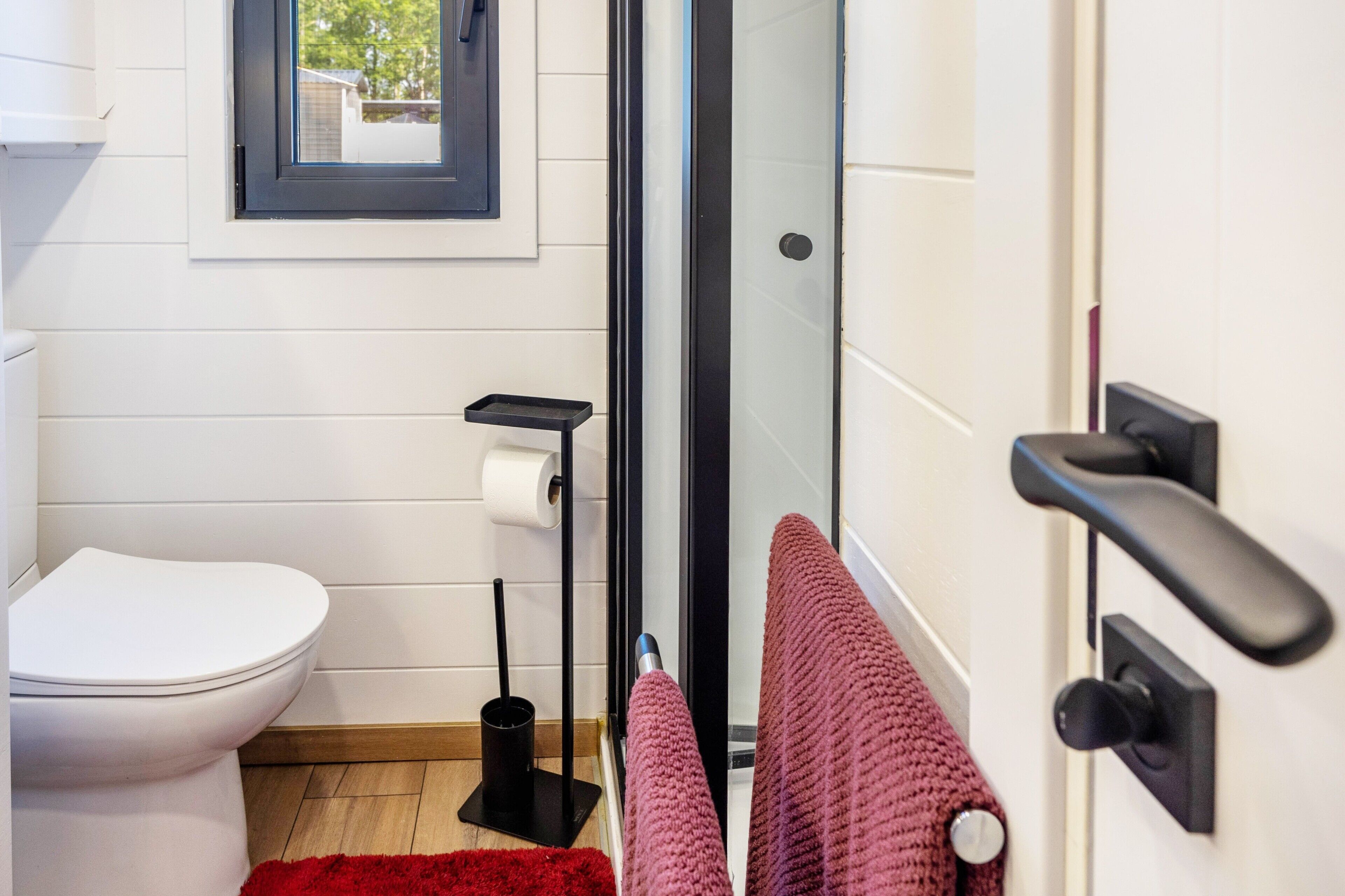 Une salle de bain avec des toilettes, un rouleau de papier toilette, un lampadaire noir, un tapis rouge et un porte-serviettes avec une serviette rouge.