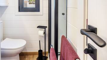 Une salle de bain avec des toilettes, un rouleau de papier toilette, un lampadaire noir, un tapis rouge et un porte-serviettes avec une serviette rouge.