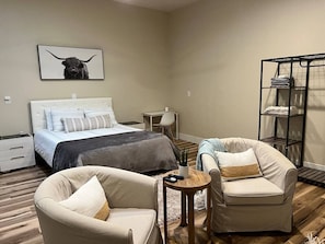 1 bedroom, desk, iron/ironing board, travel cot