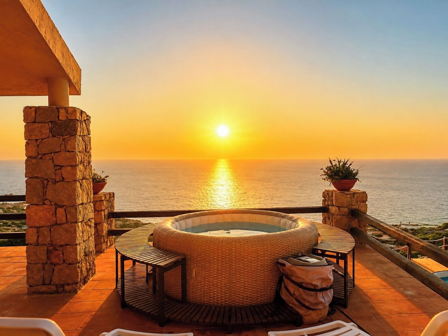 A hot tub on a terrace with a sunset view over the sea.