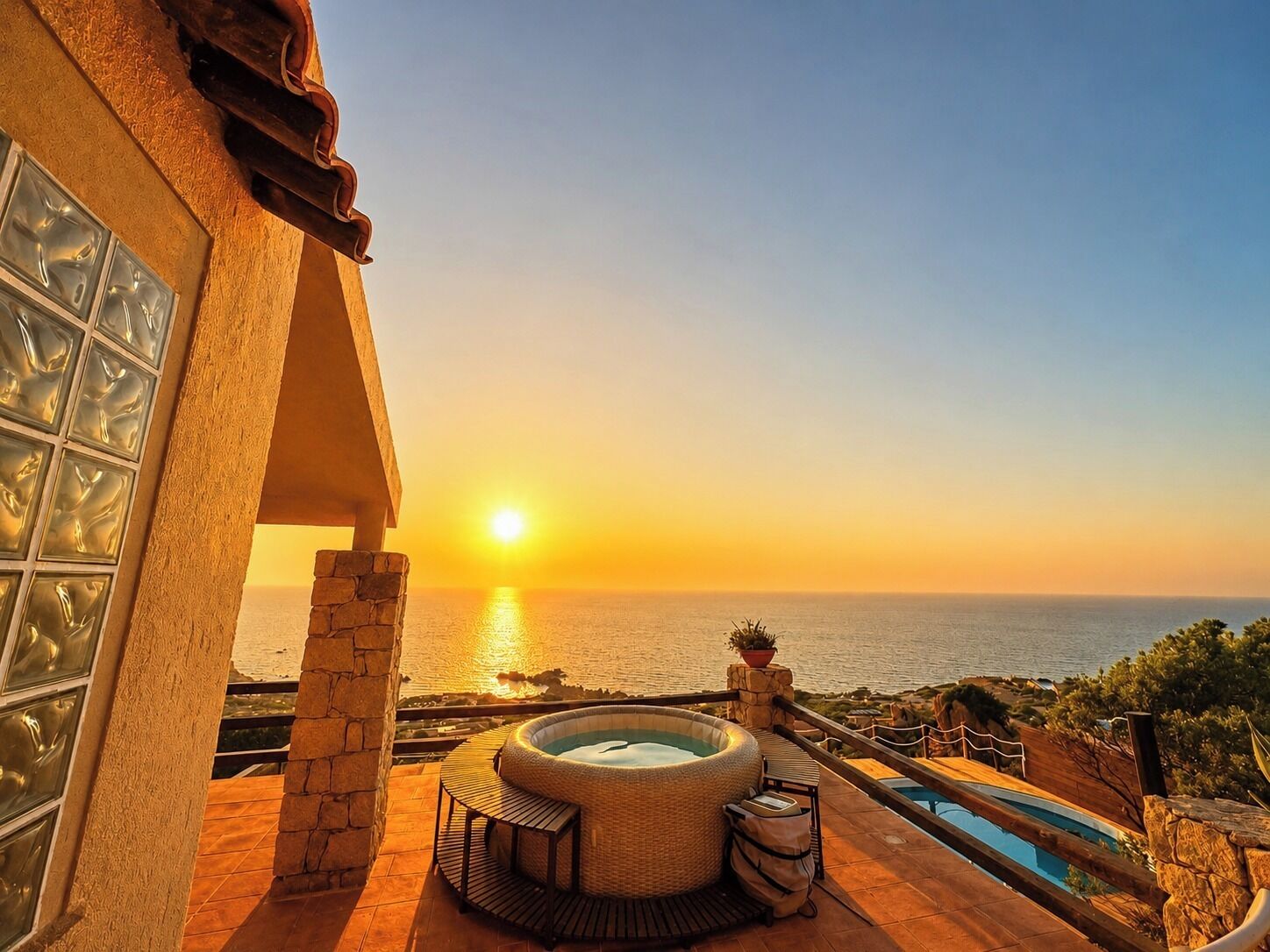 A hot tub on a balcony with a view of the sunset over the sea.