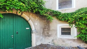 A green door with a metal handle, a small window with a wooden shutter, and a cobblestone courtyard.