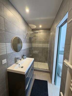 Shower, hair dryer, towels