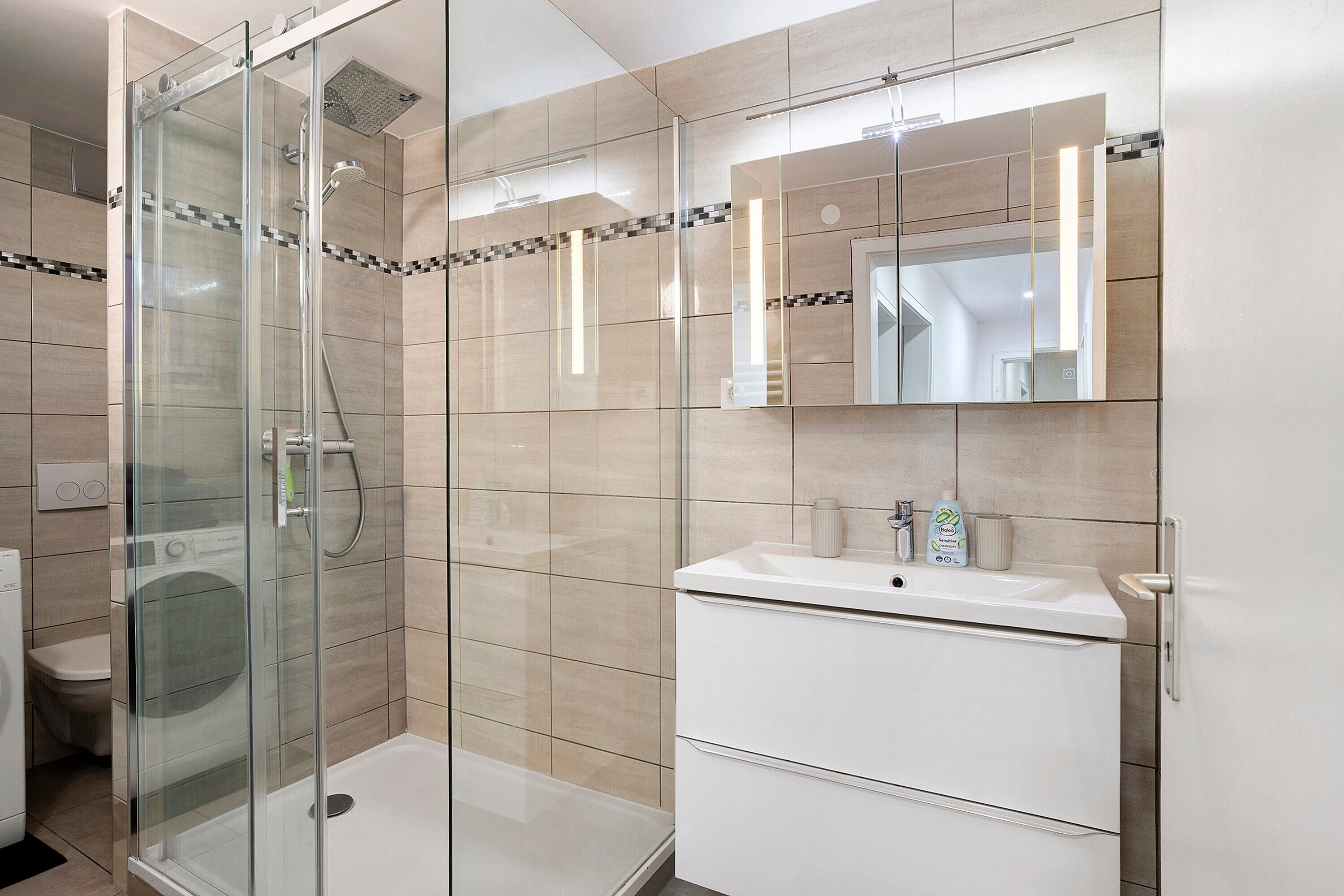 Shower, hair dryer, towels