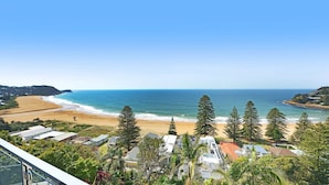 Vista costera con playa, océano y zona residencial con casas y árboles.