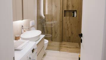 Hair dryer, bidet, towels, soap