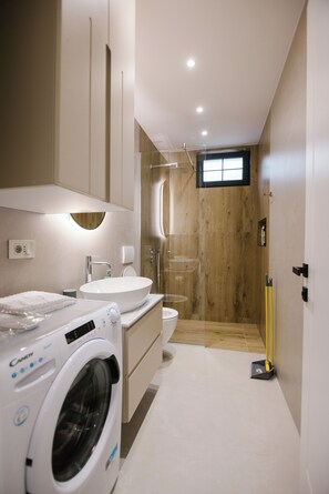 Hair dryer, bidet, towels, soap