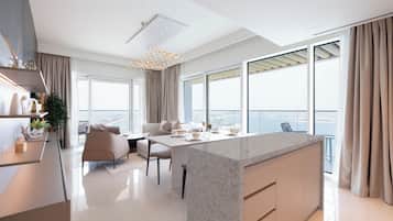 Departamento Deluxe, balcón, vista al mar | Cocina privada | Refrigerador, microondas, horno y parrilla de estufa