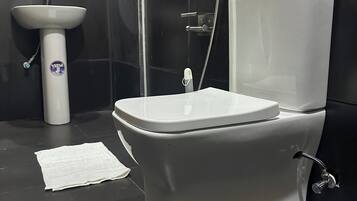 Douche, serviettes fournies, papier toilette
