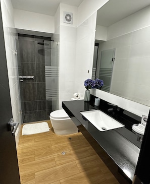 Shower, hair dryer, towels, soap